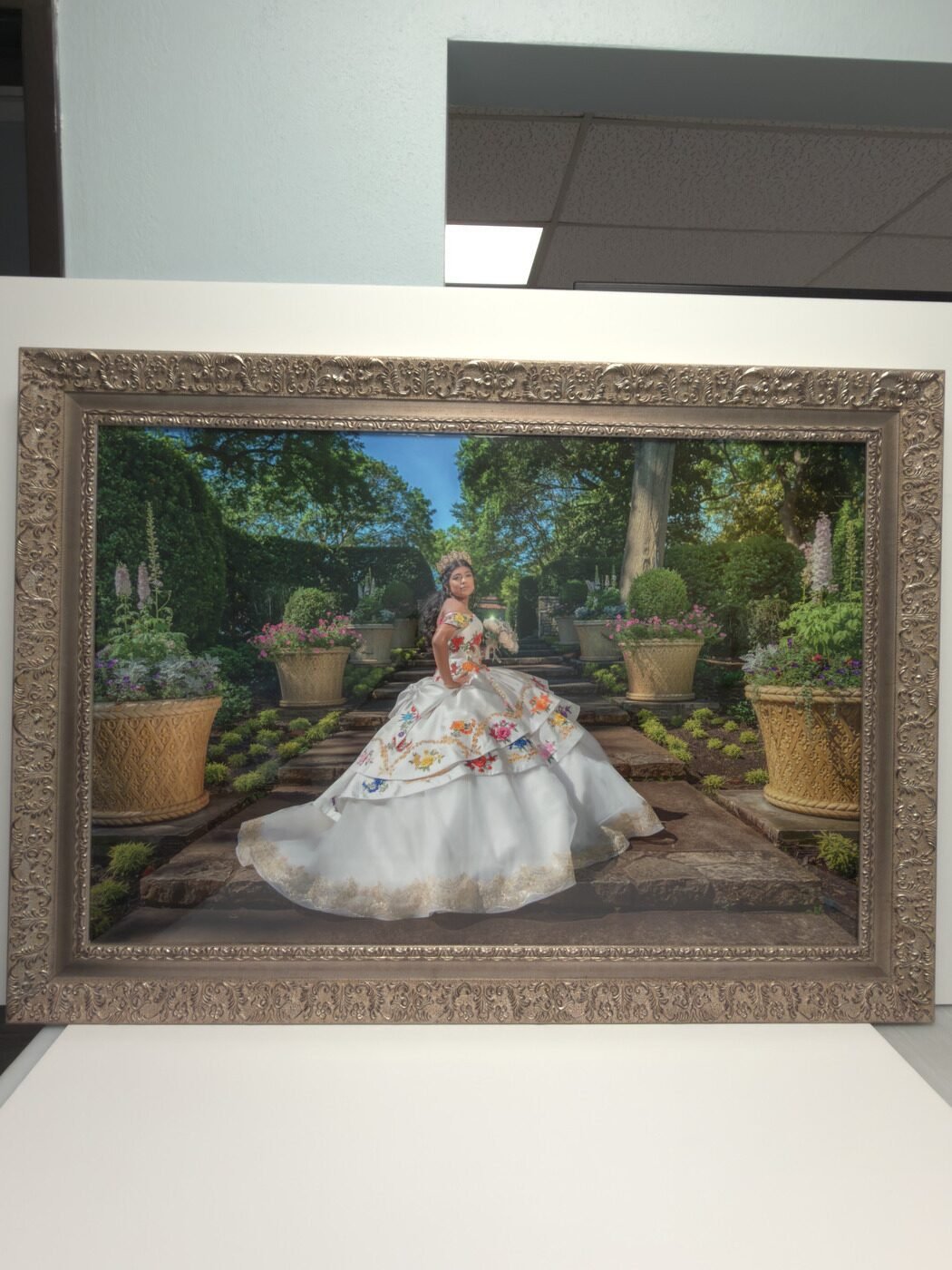 Canvas de quinceañera vestido blanco en jardín
